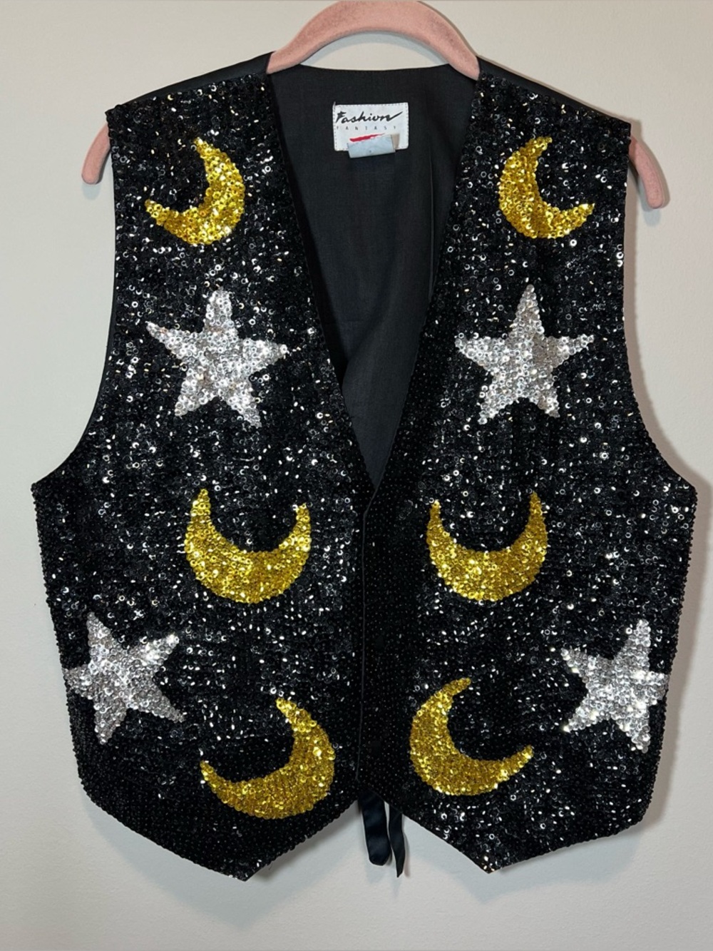 Vintage Fashion Fantasy Sun Moon Sequin‎ Black Vest Medium